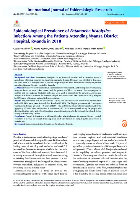 Pdf Epidemiological Prevalence Of Entamoeba Histolytica Infections Among The Patients