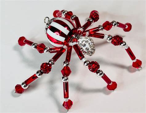 Red And White Beaded Spider Charm Crystal Spider Charm Christmas Spider