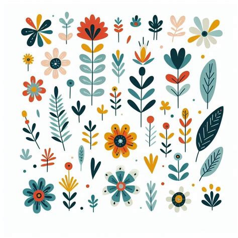 Simple Folk Style Illustration Clorful Flowers Leaves And Shapes On