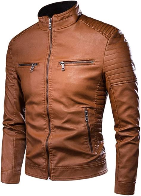 Chaqueta Cuero De Hombres Chaqueta De Moto Retro Informal Con Cuello De