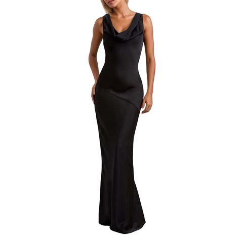 Black Wedding Guest Dress Satin Cowl Neck Sleeveless Backless Maxi
