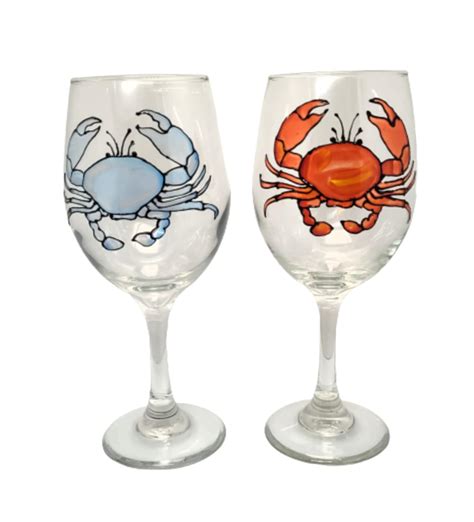 Amazon Blue And Red Crab Hand Painted Stemmed Wine Glasses Set Of