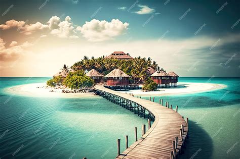 Premium Photo | Small island with houses and wooden bridge on maldives ...