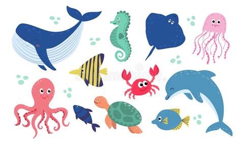 Set with Hand Drawn Sea Life Animals. Stock Vector - Illustration of aquarium, happy: 310158560