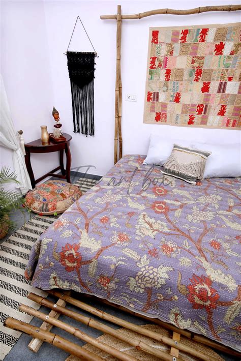 Indian Kantha Quilt Indian Tropical Floral Print Kantha Bedspread