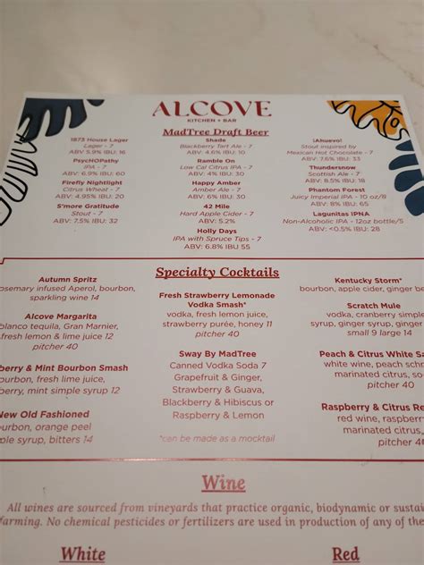 Menu at Alcove by MadTree Brewing pub & bar, Cincinnati