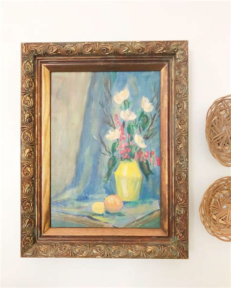 Vintage Floral Oil Painting Gold Frame Yellow Vase Vintage Etsy