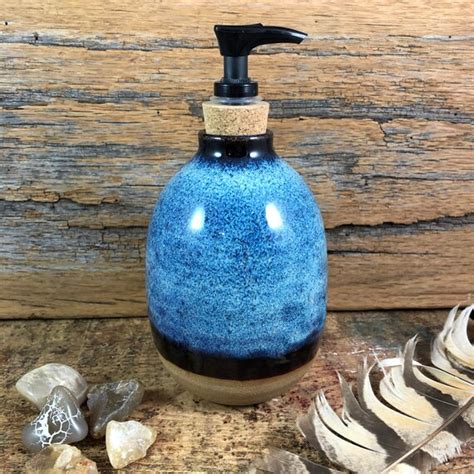 Ceramic Soap Dispenser Handmade Blue Pottery Lotion Etsy