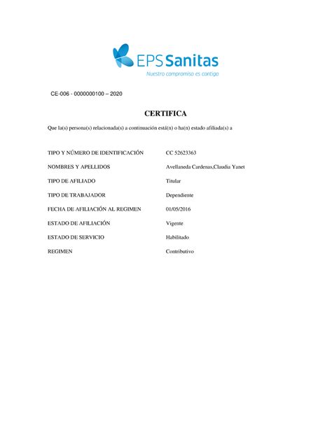 Certificado Afiliaci N Sanitas Ce Certifica