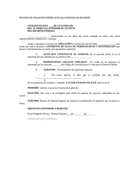 Recurso DE Apelación Contra AUTO QUE Desecha UN Incidente RECURSO DE