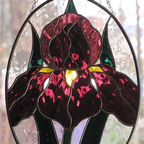 Stained Glass Purple Iris Suncatcher Oval Panel Etsy Stained Glass Flowers Stained Glass