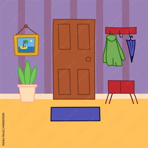 Cartoon style interior. Hallway, hand-drawn in a flat design. Door ...