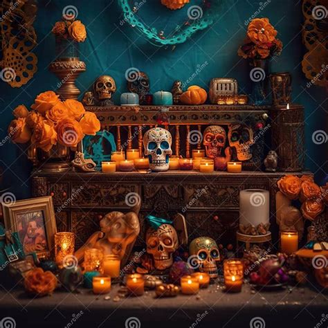 Day of the Dead Altar with Candles and Sugar Skulls. AI Generative ...