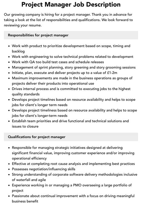 Project Manager Job Description Velvet Jobs