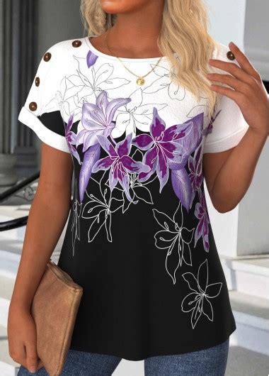 Black Button Floral Print Half Sleeve T Shirt Modlily USD 29 98