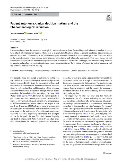 Pdf Patient Autonomy Clinical Decision Making And The