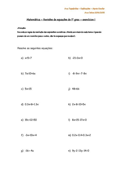 Matemática Equações De 1 Grau Exercícios Ficha 1