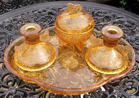 Aunty Wainwright S Treasures Vintage Art Deco Amber Glass Butterfly Dressing Table Or Vanity Set