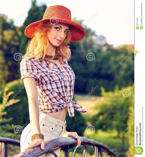 Beauty Portrait Redhead Woman Smiling Park Lifestyle People Stock