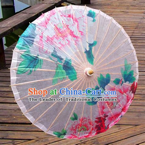 Handmade China Traditional Dance Wedding Umbrella Printing Peony White Oilpaper Umbrella Stage