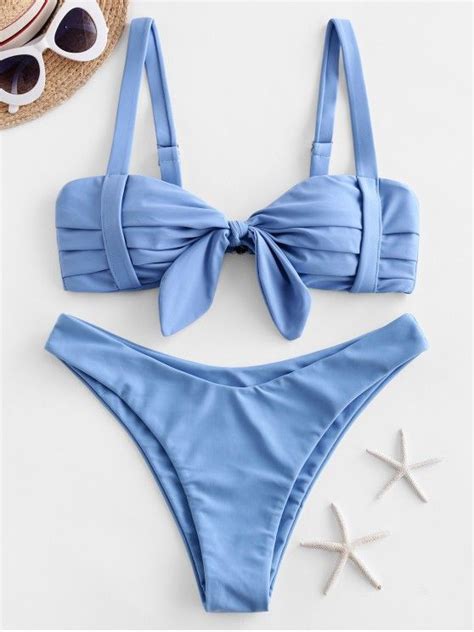 [35 Off] 2021 Zaful Ruched Knot High Cut Bikini Swimsuit In Day Sky