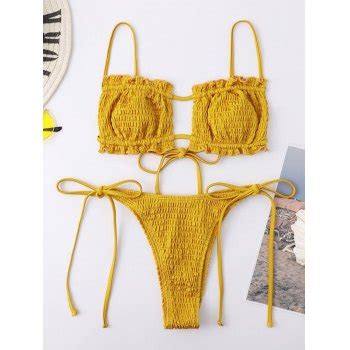 Emmiol Free Shipping 2024 Lace Up Smocked Bikini Set Yellow S In Bikini