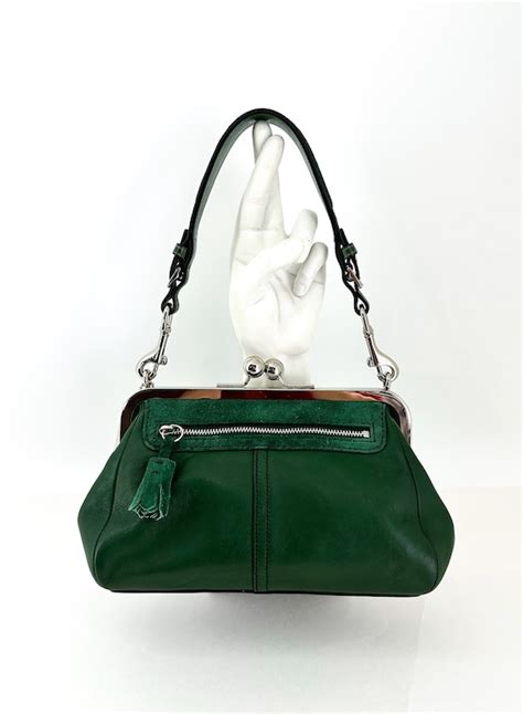 Rare Vintage Coach Kiss Lock Green Suede Leather Bag Gem