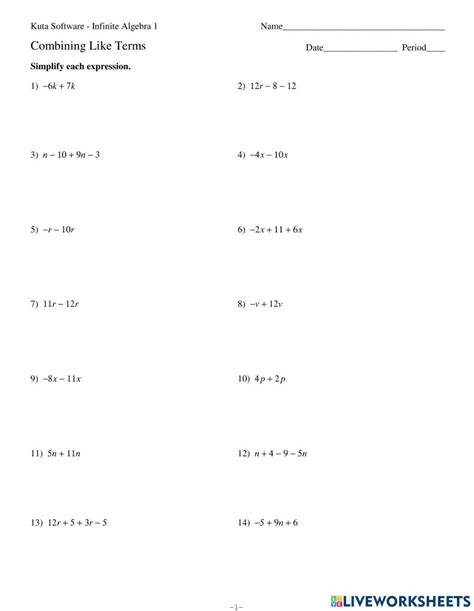 Combining Like Terms Exercise Live Worksheets