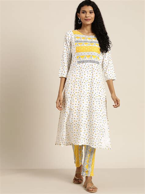 Buy Sangria Women White And Mustard Yellow Printed Kurta With Trousers Kurta Sets For Women