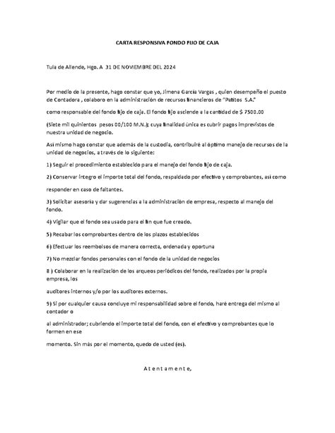 Carta Responsiva De Fondo De Caja