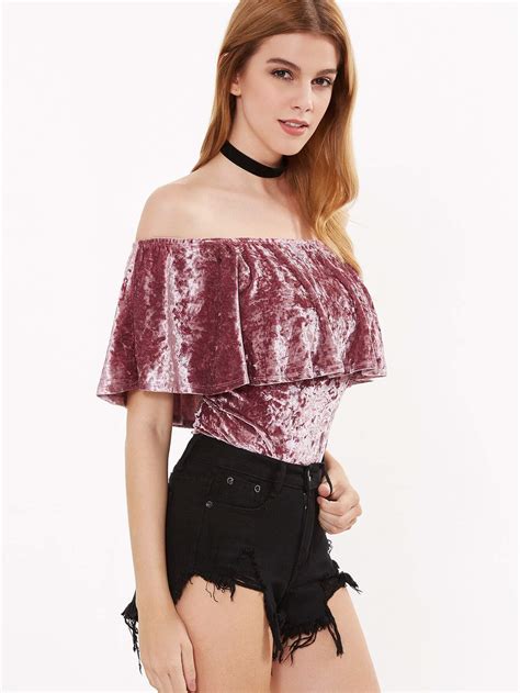 Crushed Velvet Flounce Layered Neckline Bodysuit Shein Sheinside