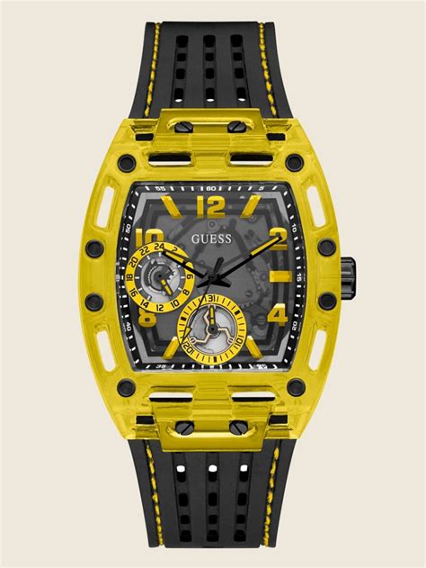 Yellow Exposed Dial Multifunction Watch Guess