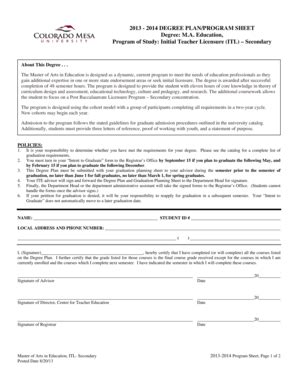 Fillable Online Coloradomesa 2013 2014 DEGREE PLANPROGRAM SHEET