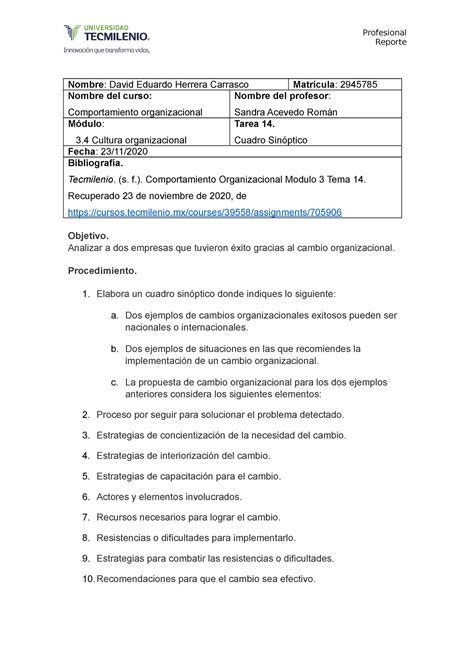 Tarea Comportamiento Organizacional Reporte Nombre David