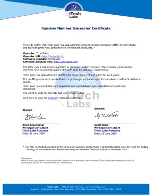 Fillable Online Random Number Generator Rng Certified By Itech Labs