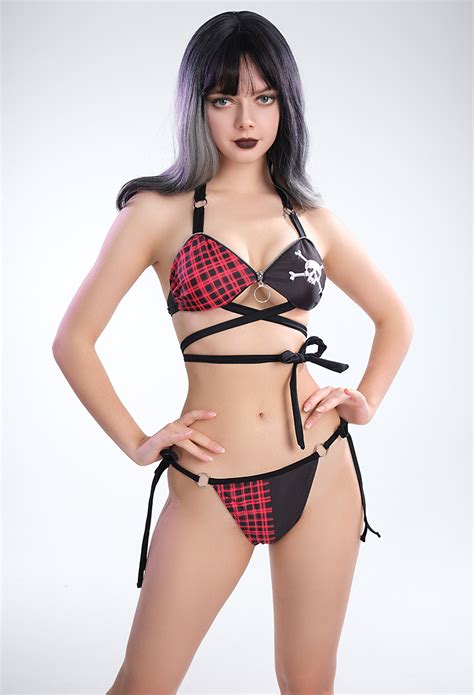 Red Grid Skull Pattern Strappy Two Piece Swimsuit Swimwear Outfit Black