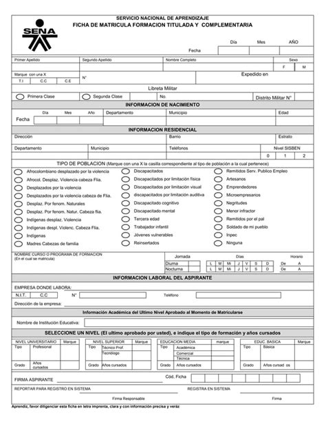 FICHA DE MATRICULA FORMACION TITULADA Y COMPLEMENTARIA Pdf