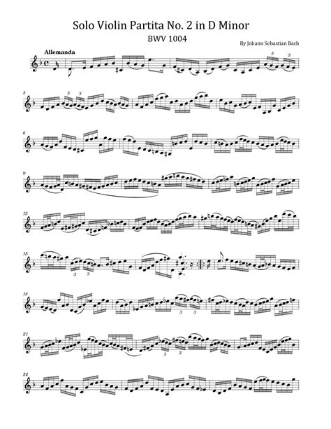 Solo Violin Partita No 2 In D Minor J S Bach Bwv 1004 Arr Poon