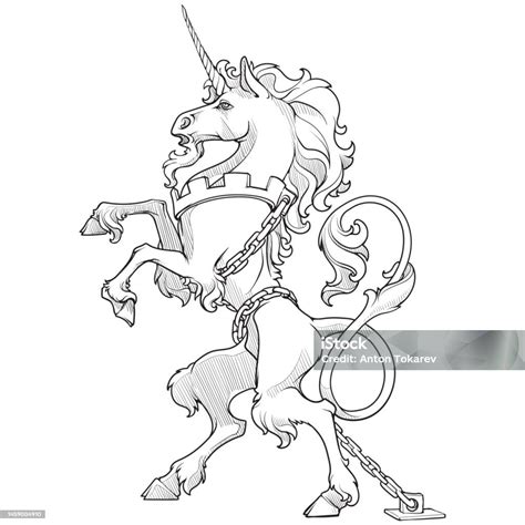 Heraldic Unicorn Walking On Hind Legs And Chained Stock Illustration