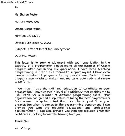 Free Sample Letter Of Intent For Employment Sample Templates Sample