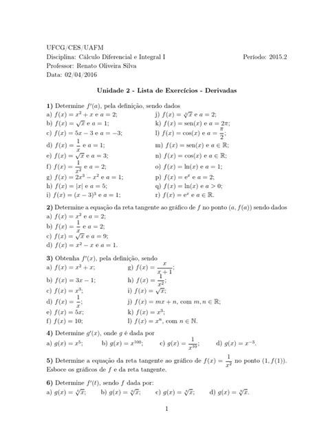 Lista De Exercícios Derivadas 1 Download Grátis Pdf Derivado