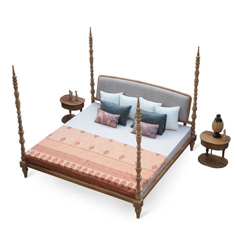 Sirik King Size Teakwood Bed With Cloud Grey Fabric Alankaram