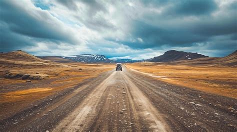 A Car Driving Down A Dirt Road With Mountains In The Background