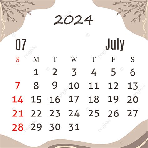 Calendário De Julho De 2024 Design De Ilustração Estética Pastel Marrom