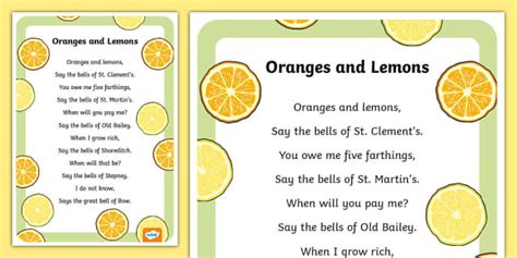 Oranges and Lemons Nursery Rhyme Poster (Shortened Version)