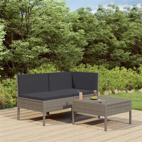 3 Tlg Garten Lounge Set Mit Auflagen Poly Rattan Grau Weddig