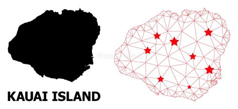 Mesh Polygonal Map Of Kauai Island With Red Stars Stock Vector