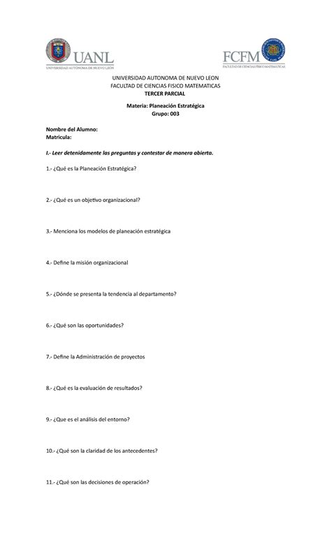 3er Parcial Planeacion Estrategica Universidad Autonoma De Nuevo Leon Facultad De Ciencias