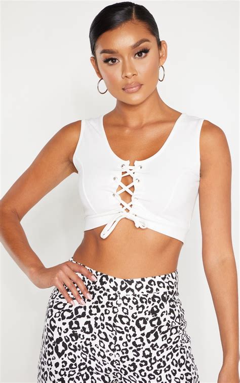 White Lace Up Crepe Crop Top Tops Prettylittlething