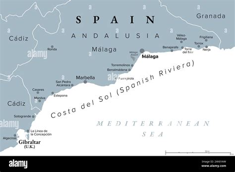 Costa del Sol, Spanish Riviera in Andalusia, gray political map. World-renowned tourist ...